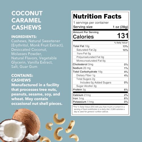 Image of Earthside Farms Coconut Caramel Cashews Snack Packs, No Sugar Added Keto Friendly Nuts, Vegan Gluten Free Non GMO Plant Protein Treat, 1oz Individual Bags 6 Count