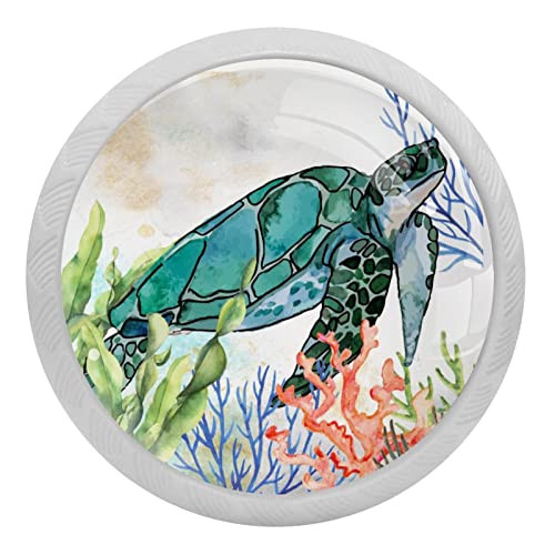 4 Pack Cabinets Knobs Sea Turtle Glass Dresser Knobs Round Drawer Pulls Hardware Cupboard Wardrobe Handles for Home Kitchen, Glowing in The Dark