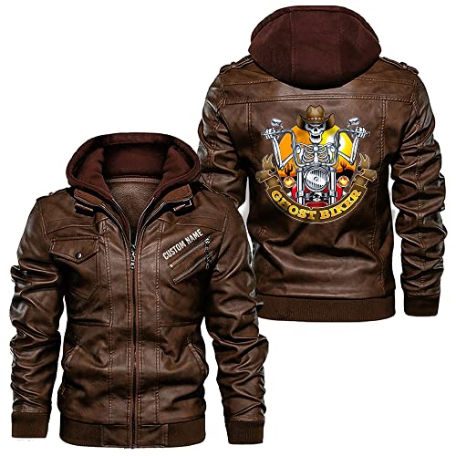 orealexpress Classic Biker Style with Skeleton Rider, Custom Name, Personalized Mens PU Leather Coat Custom Motorcycle Jacket Removable Hood Brown