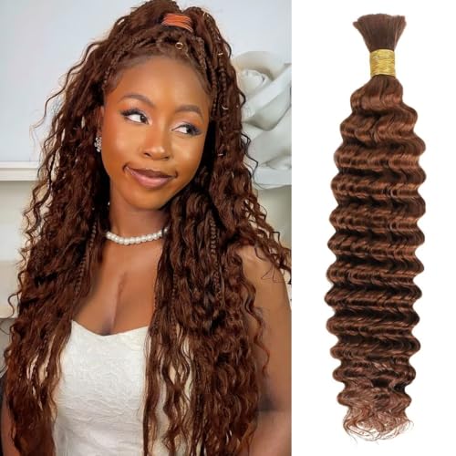 100% Unprocessed Human Hair for Braiding #30 Auburn Pre-Separated Curly Bulk Hair 12A Grade Deep Boho Braiding Hair Extensions Natural Glossy Finish 22 Inch 50g 1 Bundles