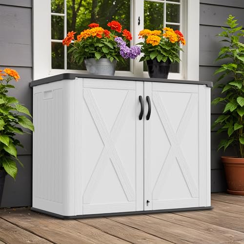 Image of Greesum Outdoor Storage Cabinet, 26 CUFT Deck Box Without Shelves, Waterproof Plastic Storage Shed for Patio Cushions, Gardening Tools, Sidehandles and Lockable, UV Resistant, White