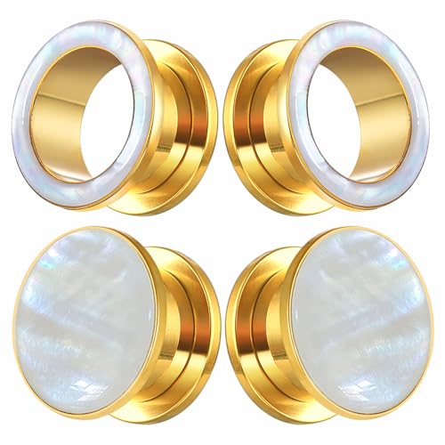 2 Pairs White Pearl Shell Stainless Steel Ear Gauges Plugs and Tunnels, Size 2g - 1 inch Hypoallergenic Surgical Steel Ear Stretcher Expander Body Jewelry
