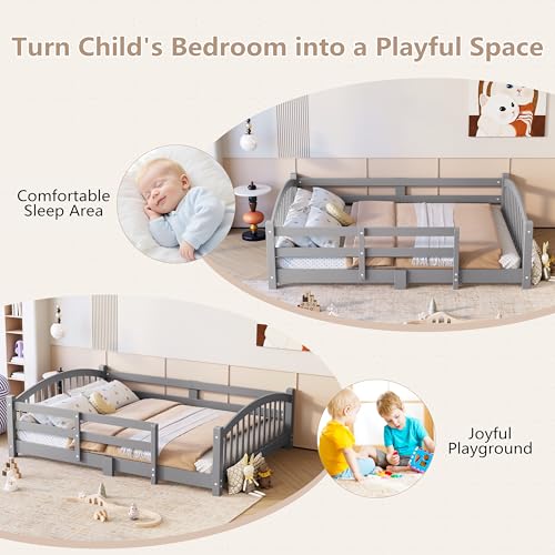 Image of Bellemave Twin Size Kids Montessori Floor Bed,Twin Size Floor Bed Frame with Slats and Safety Guardrail,Solid Wood Montessori Bed for Girls Boys,Gray