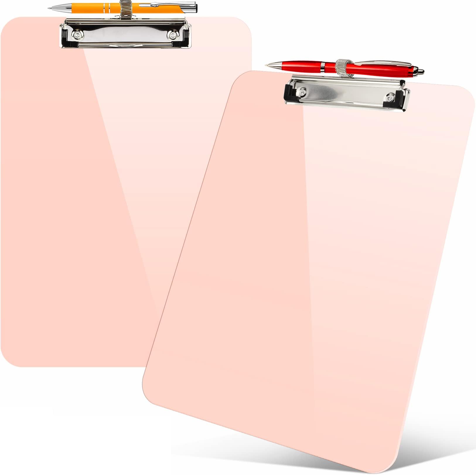 Sooez 2 Pack Plastic Clip Boards 8.5x11 with Pen Holder and Low Profile Clip, Nursing Clipboard, Letter Size / A4 Cute for Kids, School, Women, Holds A4 Papers, Pink