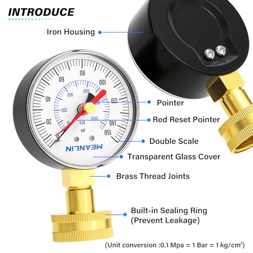 Image of MEANLIN MEASURE 0~150Psi 3 /4 inch Female Water Pressure Test Gauge, 2.5 inch FACE DIAL with Red Indicator Hands, Hydraulic Tester Suitable for Gardens, Water Pipes
