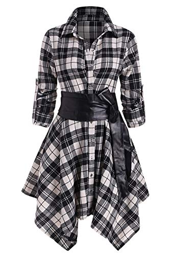 chouyatou Women s Roll-Up Sleeve Removable Belt Handkerchief Hem Midi Plaid Shirt Dress (X-Large, Black)