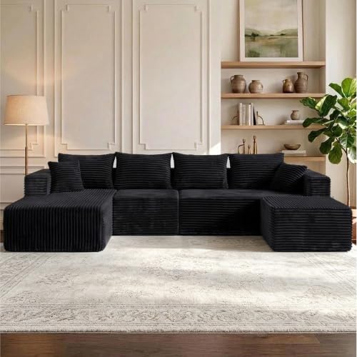 Image of 118 inch Boneless Couch, U-Shaped Sectional Sofa for Living Room - Black