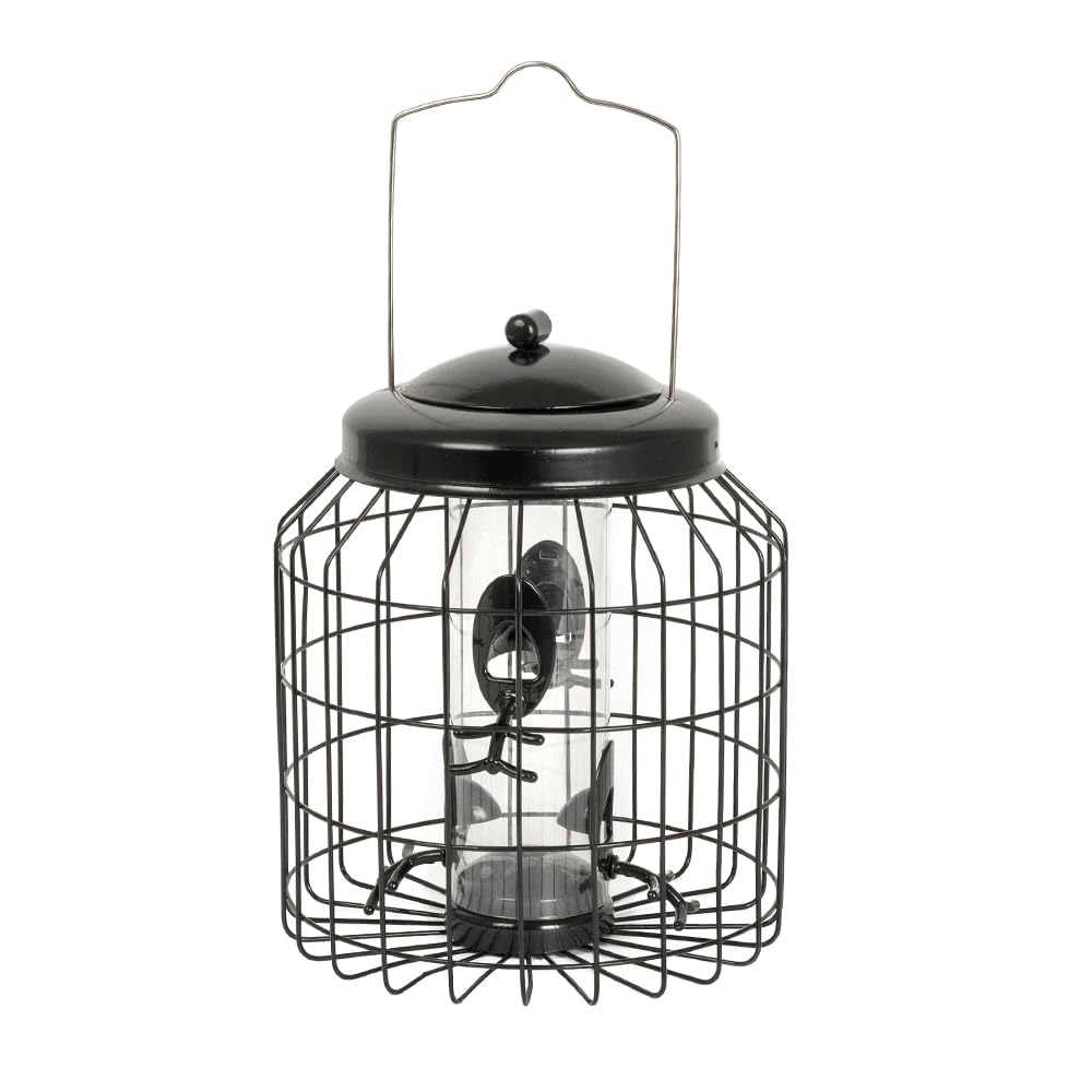 CJ Wildlife Mangeoire Oiseaux Exterieur à Suspendre – Mangeoire Silo pour Oiseaux – Distributeur Graines Oiseaux 2 en 1 avec Cage de Protection en Plastique et Métal Noir Resistance Écureuils