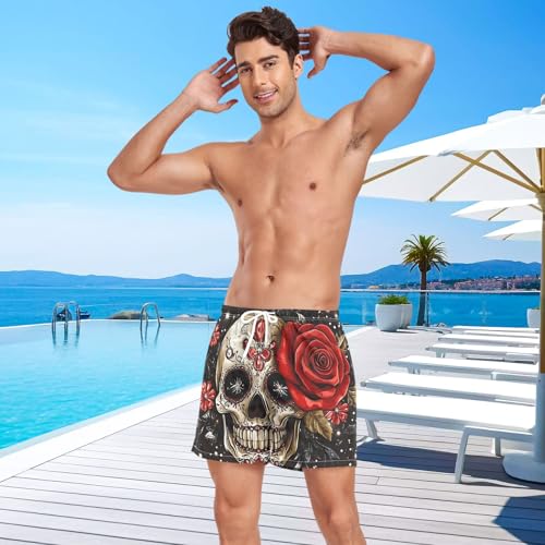 Mens Swim Trunks with Liner, Skull Red Rose Gothic Cool Quick Dry Beach Swim Shorts, Swimwear Bathing Suits S4