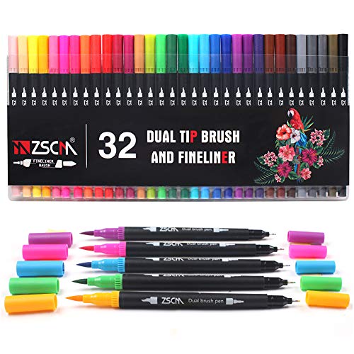 ZSCM 32 Colors Dual Tip Brush Pens Art Markers Set, Fine and Brush