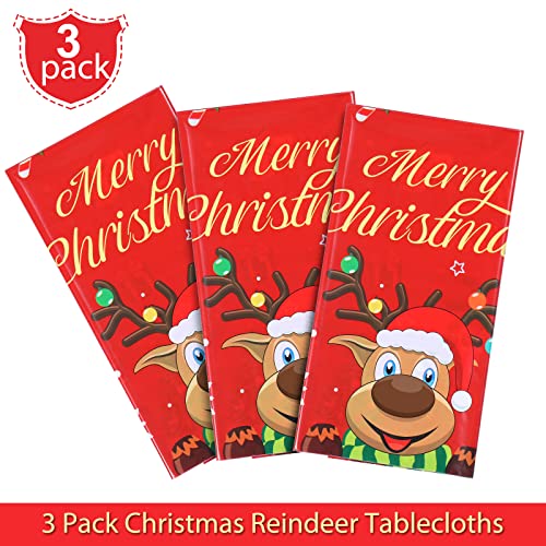 Irenare 3 Pieces Christmas Tablecloth Plastic Reindeer Tablecloth Elk Merry Christmas Table Cover for Xmas Dinner Winter Holiday Party Decoration and Supplies, 54 x 108 Inch – Image 5