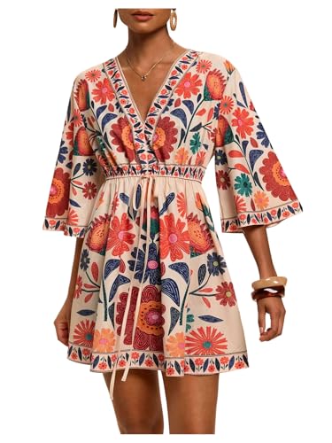 WDIRARA Women's Tropical Floral V Neck Dress Short Sleeve Boho Flowy