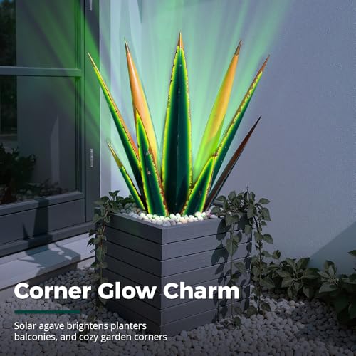 Image of KODIBO 24 inch Metal Agave Plant Outdoor Decor with Solar Light, Vintage Green