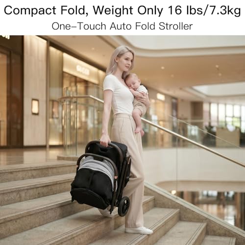Image of Gromast Gravity Folding Baby Stroller - Portable Travel Toddler Stroller w /Adjustable Backrest, Canopy & Cup Holder, Lightweight and UV Protected, One-Hand Automatic Folding - Light Grey