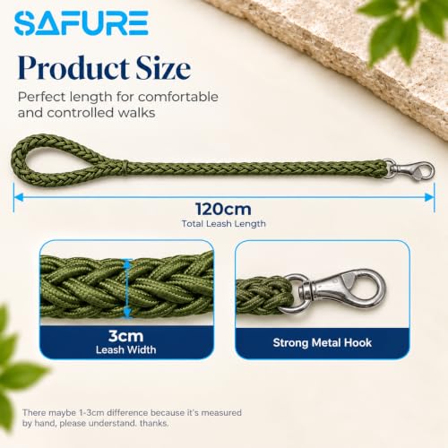 Image of Dog Leash Heavy Duty, Braided Nylon 120 cm Long and 3 cm Wide Dog Belt for Large Dogs and Medium Dogs, Walking Rope with Loop Handle and Swivel Metal Hook (Green)