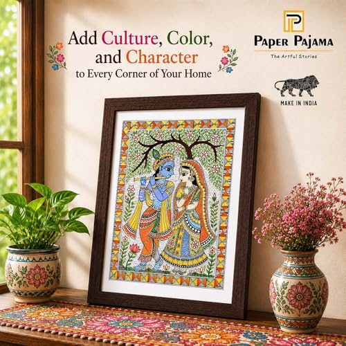 Image of PAPER PAJAMA Radha Krishna Wall Art for Living Room | Madhubani Mithila Folk Painting | Traditional Indian Devotional Artwork Framed Home Decor for Bedroom, Office & Temple (10x13 Inches)