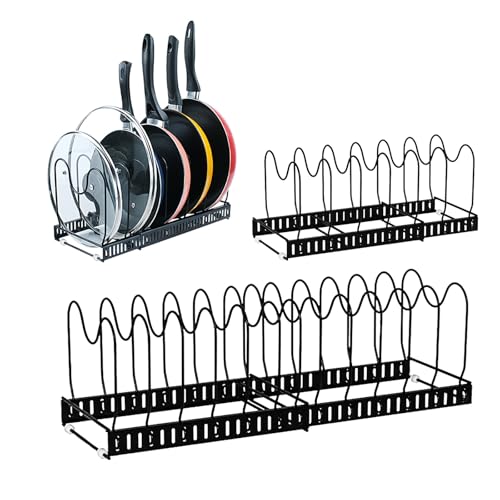 KATLKLU Organiseur de Casseroles Extensible 2 Pièces, Porte-Poêles et Range-Couvercles avec 20 Séparateurs Réglables, Support de Rangement pour Placard de...