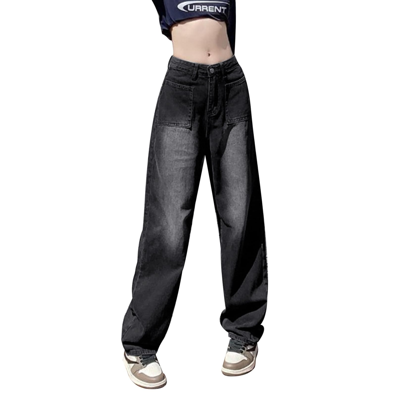 Jean Femme Coupe Droite Straight Pantalon Fluide Elastique Jeggings Extensible Vintage Décontractés Extensibles en Denim Haute Wide Leg Élégant Rétro Confortable pour Saison Printemps Été Urbaine