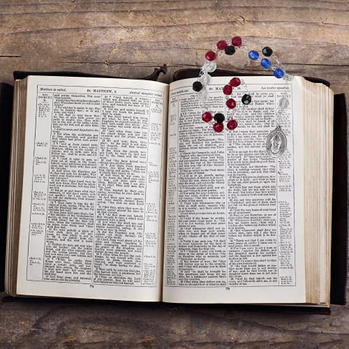 Needzo Catholic Prayer Card and Rosary Gift Set, Saint Charbel Chaplet with Red, Blue and Black Crystal Beads and Silver Tone Pray for Us Medal, Pocket Prayers and Rosaries, 5.75 Inches2