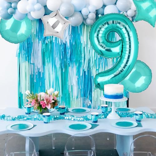 Image of Teal Blue Number 9 Balloons 40 Inch 9th Birthday Mermaid Theme 5 Pcs | Big Helium Mylar Digital Balloon Anniversary Wedding Party Decor Supplies