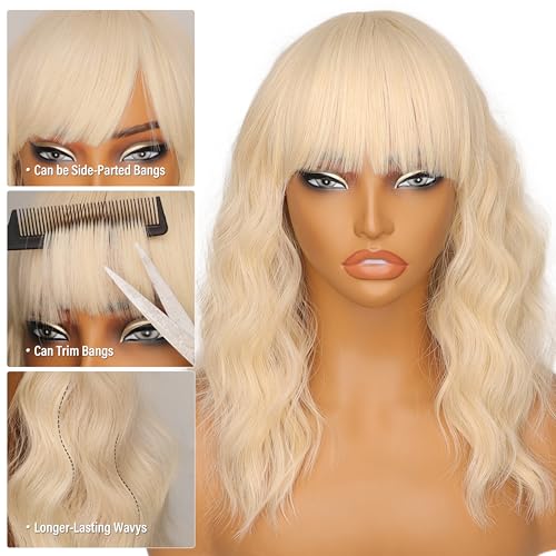 Image of Nnzes Short Wavy Bob Wig with Bangs for Women Shoulder Length Curly Soft Ash Blonde Synthetic Heat-Resistant Fiber Hair for Daily & Party Use