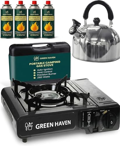 GREEN HAVEN Camping Stove Bundle – Portable Gas Stove, Camping Kettle & 4 Butane Gas Canisters | 2100W Gas Cooker with Carry Case | EN417 | Camping Gas Stove with Auto-Ignition, Adjustable Flame