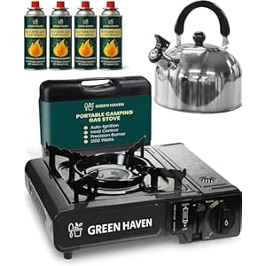 GREEN HAVEN Camping Stove Bundle – Portable Gas Stove, Camping Kettle & 4 Butane Gas Canisters | 2100W Gas Cooker with Carry Case | EN417 | Camping Gas Stove with Auto-Ignition, Adjustable Flame