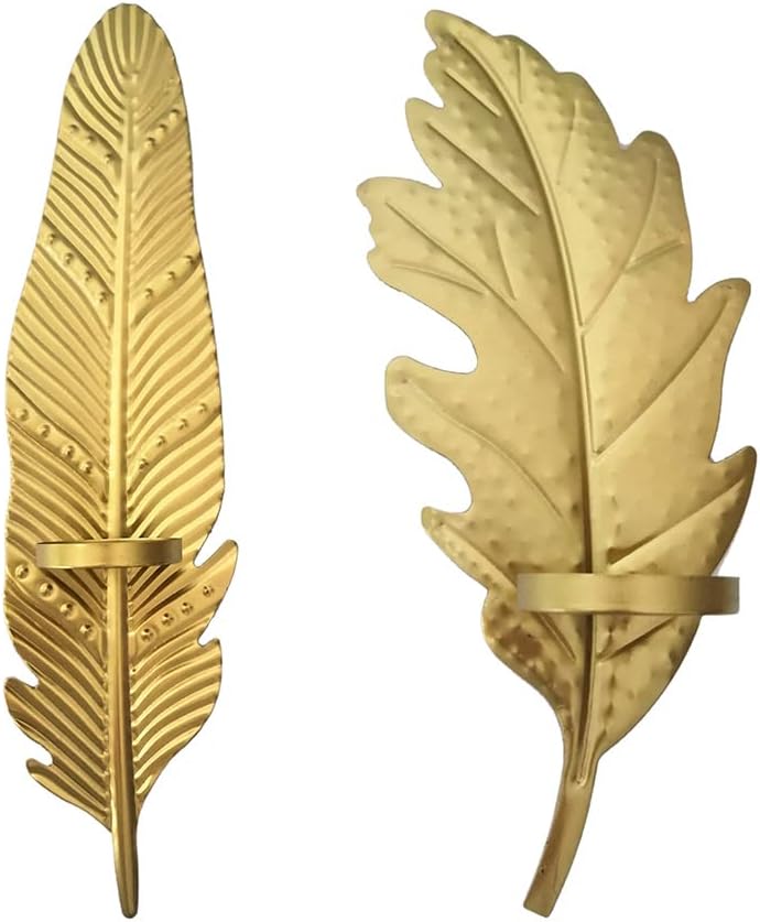 Peiiwdc Decorative Gold Candlestick Wall-Mounted Metal Leaf Candlestick for Creative Wall Decoration Hanging Sconce for Home Dec Northern Europe Hanging Wall Sconce Metal Leaf Candlestick Living Room