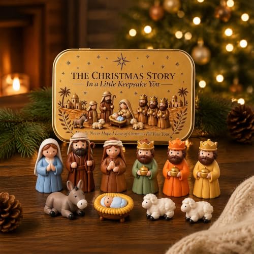 Mini Christmas Nativity Set in a Tin Box, Little People Nativity Scene - image 3