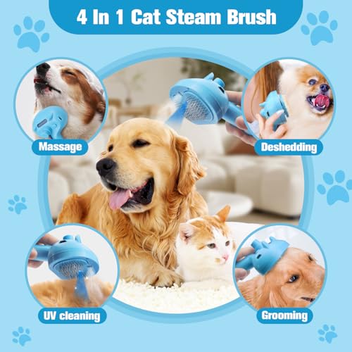 Image of 4-in-1 Pet Steam Brush for Dogs,Self-Cleaning Cat&Dog Brush for Shedding Long & Short Haired Dogs,Gentle Cat Steam Brushes for Indoor Cats with Spary Pet Hair Remover for Massage,Grooming Blue