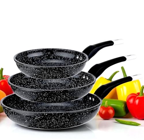 EliteHoff Pfannenset Induktion 3-teilig (20/24/28 cm), Induktionspfannen-Set, Aluminiumguss mit Antihaftbeschichtung und Silikongriff, Bratpfannenset für alle Herdarten, Schwarz