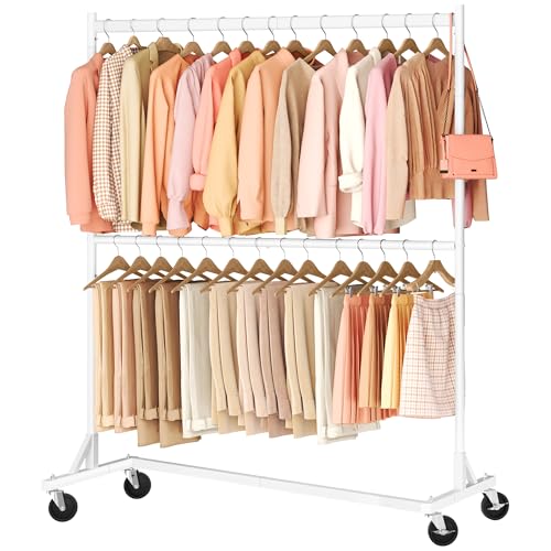 Image of Hoctieon Double Rod Z Rack, Rolling Clothes Racks with Z-Base, Adjustable Clothing Rack, Standing Clothes Rack, Metal Clothing Racks for Hanging Clothes, Portable Garment Rack, White
