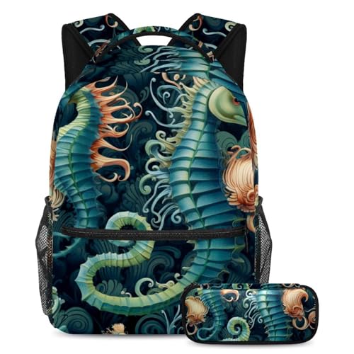 Sac à dos hippocampe bleu océan, sac à livres pour adolescents