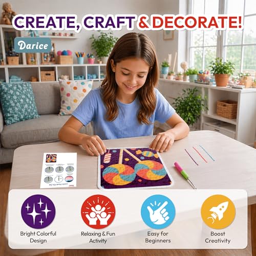 Image of Darice Latch Hook Rug Kit, Lollipop Design DIY Latch Hook Kit for Kids & Adults, Color Canvas, PreCut Yarn & Hook Tool, Craft Activity & Gift for Kids
