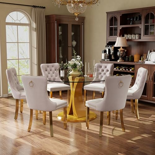 Image of 7-Piece Dining Table Set with 47In Tempered Glass Table and 6 Velvet Upholstered Chairs, Modern Scandinavian Furniture for Dining Room Kitchen(Beige&Gold)