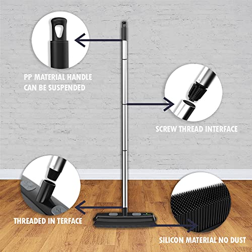 Rubber Bristle Expandable Broom Set With Dustpan & Handheld Rubber Brush For Surface Cleaning, Dust Pet Hair Removal Sofa Sweeping, Built-In Rubber Squeegee Snap, Set Of 3, Black #TOP3