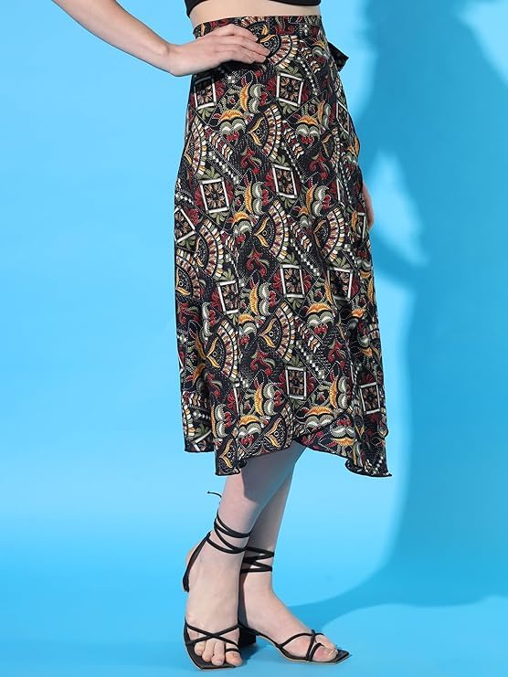 Image of GirlCode Women's Boho Floral Print Wrap Front Self Tie Knot Midi Skirt Women & Girls