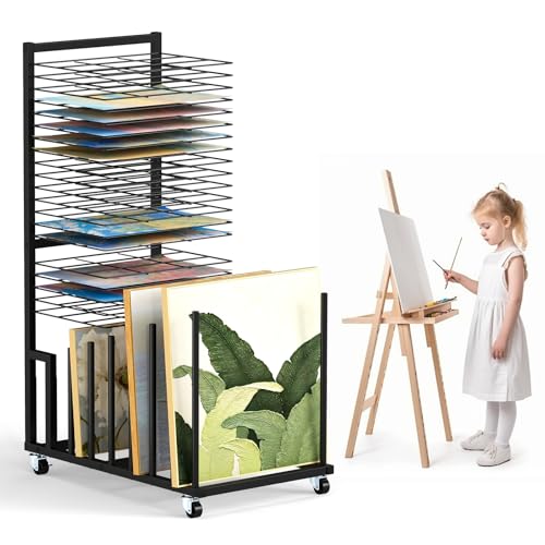 Image of mopam Art Drying Rack Paint Drying Rack with 20 Removable Shelves and 8 Canvas Columns Metal Art Storage Rack with Lockable Wheels for Classroom, Art Studios and Schools 38.2x25.6x15.8 in