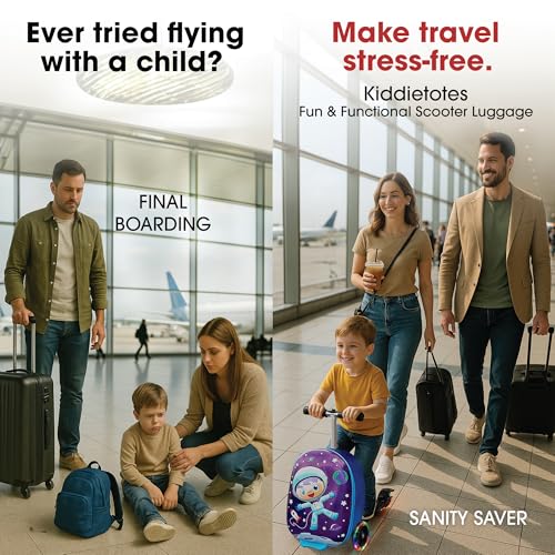 KIDDIETOTES 3-D Hardshell Luggage Scooter for Kids - Lightweight Rideable Luggage for kids - Fits in Overhead Bins - LED Light Up Wheels3