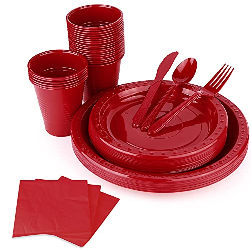 Fuling 175 Pieces Rose Red Dinnerware Set For 25 Guest Disposable Tableware Plastic Cutlery 5-Sets, With 12oz Cups, Knife, Fork, Spoon, Dinner Paper Each 25 Pieces For Wedding, Birthday, Party