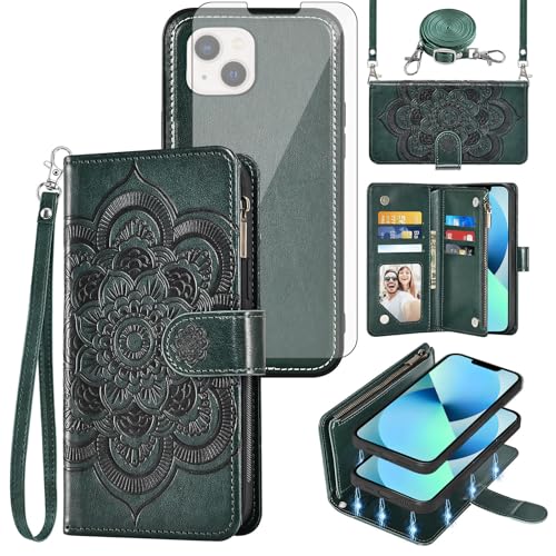 Étui de téléphone pour iPhone 13 avec portefeuille amovible fermeture éclair dragonne Asuwish