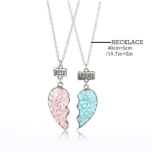 Salircon 4 Pcs Matching Bff Necklaces For Best Friends, Bestie Friendship Necklace Bracelet Set For 2, Sequins Heart Necklaces For Girls Kids (Pink-Blue 4Pcs) #TOP5