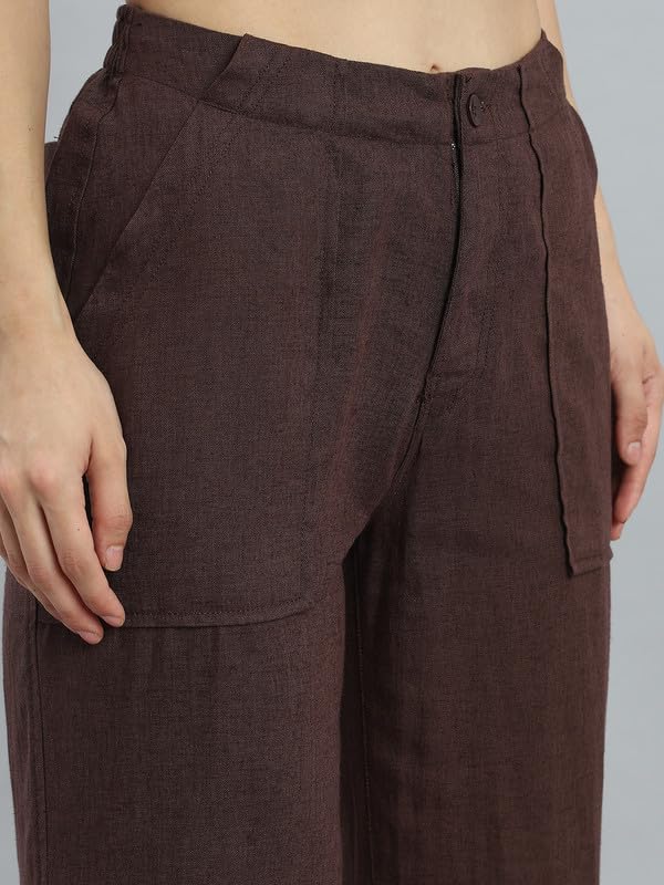 Image of GO COLORS Solid Linen Cargo Pants for Women | Full Length, Mid Rise, Side Pockets