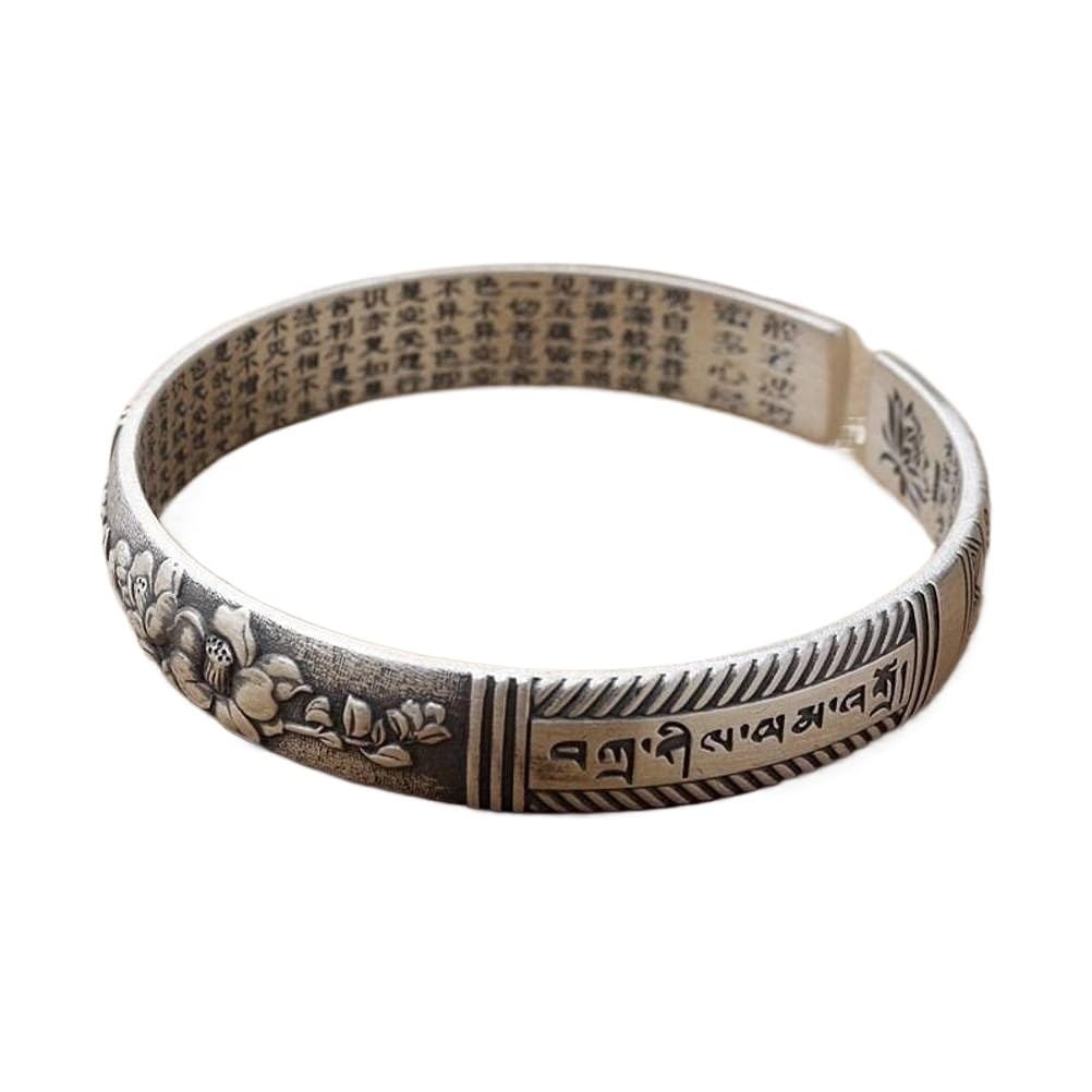 Bracciale rigido alla moda, bracciale rigido in argento 999 con detti buddisti Bracciale con detti buddisti femminili Fiore che sboccia Ricchezza e peonia Bracciale in argento I braccialetti possono e