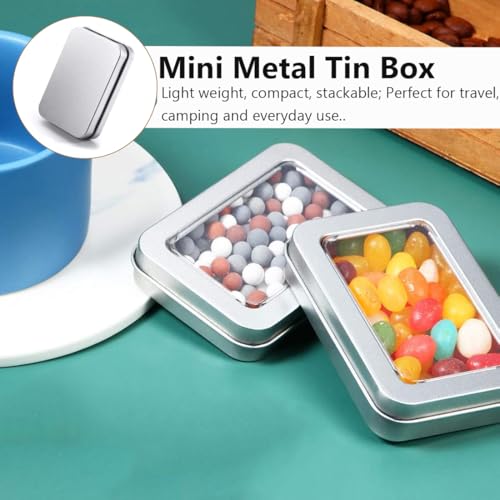 Image of AKOAK 4 Pcs Metal Rectangular Empty Hinged Tins, 3.4x2.4x0.7 Inch Portable Clear Top Box Containers Small Storage Kit with Lid, Home Organizer for Storage Drawing Pin Candies Jewelry Crafts, Silver