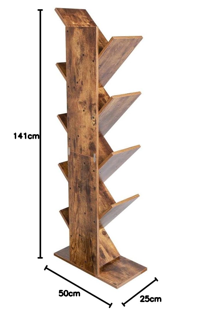 BAKAJI Libreria Scaffale 10 Ripiani Inclinati in Legno MDF Effetto Anticato Design Moderno Industriale per Soggiorno Salotto Casa Ufficio Dimensione 141 x 25 x 50 cm