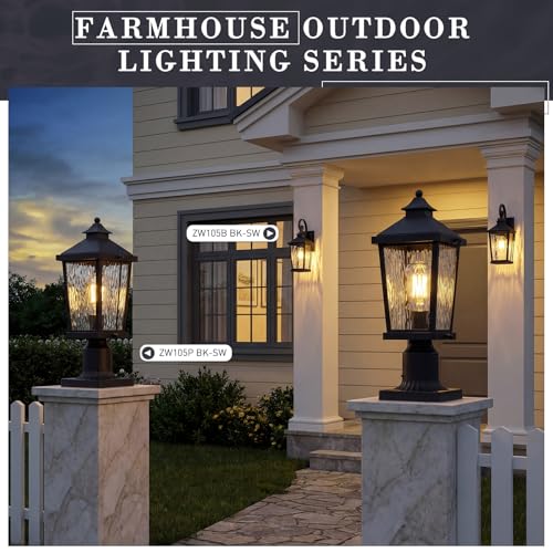 Image of zeyu 16 Inch Outdoor Wall Lighting, Modern Black Exterior 1-Light Wall Lamp for Porch Backyard, Die-Cast Aluminum with Water Ripple Glass, Black Finish, ZW105B BK-SW