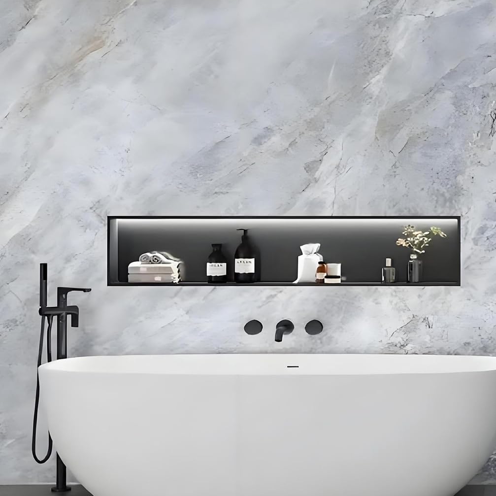 Portarrollos Empotrado, Estante De Baño De Acero Inoxidable con Espacio De Almacenamiento, Organizador para Nichos De Baño Y Portarrollos Empotrado En La Pared Negro,Negro,L32*H32*W12.5