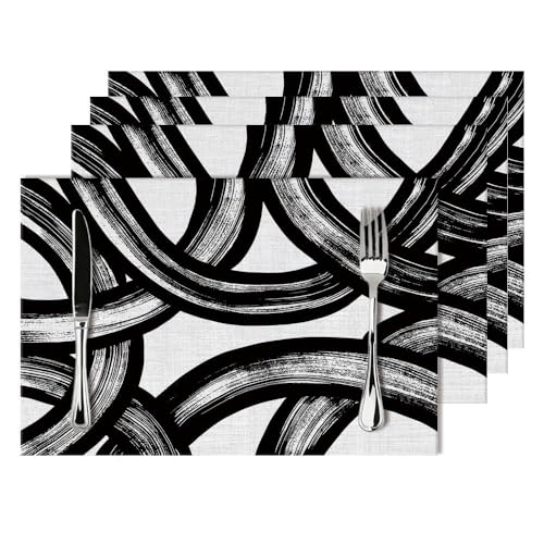 Black and White Curve Patterned Linen Placemats Set of 4, Washable Non-Slip Heat-Resistant Modern Abstract Art Decorative Kitchen Table Mats for Kitchen Dining Table Home Party Farmhouse, Home Decor