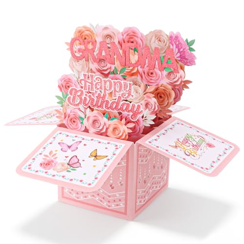 Happy Birthday Grandma Pop Up Card Funny Grandma Pop Up Birthday Card with Mini Message Paper & Envelope Flower Butterfly Design for Dear Grandmother